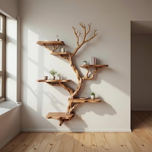 May include: A unique, wooden tree-shaped wall shelf with multiple platforms. The natural wood finish complements the design, which is adorned with small potted plants and decorative items. This shelf adds a touch of nature to any room.