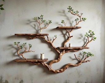 Floating bookshelf tree branch book shelf solid wood wall mounted shelves fake leaf bookcase decor
