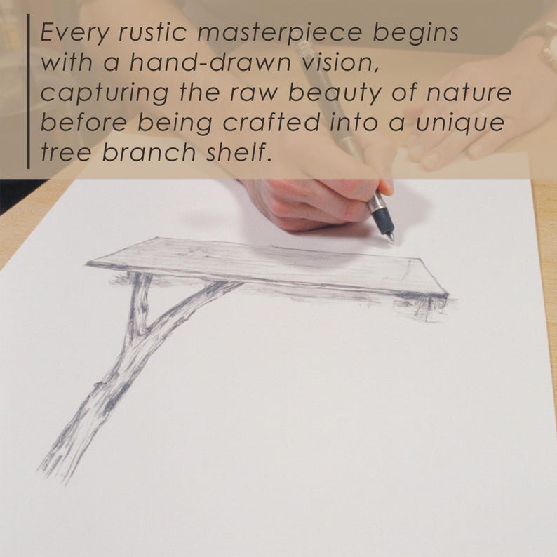 May include: A hand drawing a sketch of a tree branch shelf on a white sheet of paper. The shelf is made of wood and has a simple design.