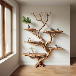Op de afbeelding: Een uniek, houten boomvormig schap met meerdere plateaus. De planken bevatten kleine potplanten en boeken. De natuurlijke houtnerf en het vertakte ontwerp creëren een rustieke, organische esthetiek. De unit is aan een witte muur bevestigd.