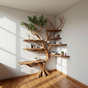 Könnte beinhalten: Ein einzigartiges, baumförmiges Bücherregal aus Holz mit mehreren Regalen. Die Regale sind aus hellem Holz gefertigt und wie Äste angeordnet. Kleine Topfpflanzen und Bücher sind auf den Regalen ausgestellt. Der Baum ist an einer weißen Wand in einer Ecke eines Raumes befestigt.