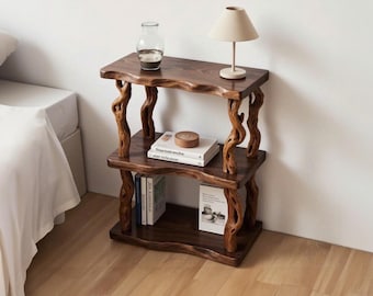 Natural wood bookcase solid wood rustic night stand mini bedside table free standing shelf handmade furniture