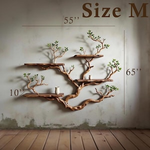 May include: A wooden wall shelf in the shape of a tree, with multiple shelves and faux greenery. The shelf is 140 cm wide, 165 cm tall, and 25 cm deep. Two small white vases are on the shelves. The text "Size M" is at the top.