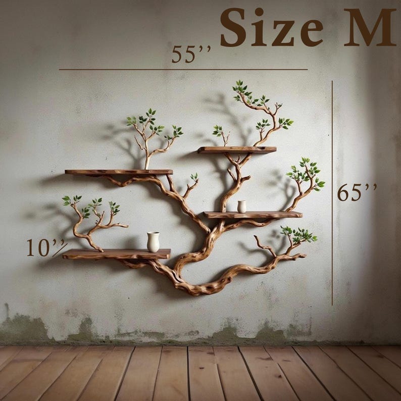 May include: A wooden wall shelf in the shape of a tree, with multiple shelves and faux greenery. The shelf is 140 cm wide, 165 cm tall, and 25 cm deep. Two small white vases are on the shelves. The text "Size M" is at the top.