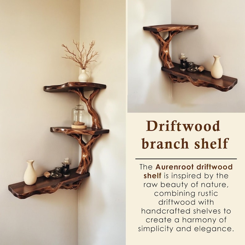 May include: A three-tiered corner shelf made from driftwood branches. The shelf is stained a dark brown and has a rustic, natural look. The shelf is mounted on a white wall and has various decorative items on it.