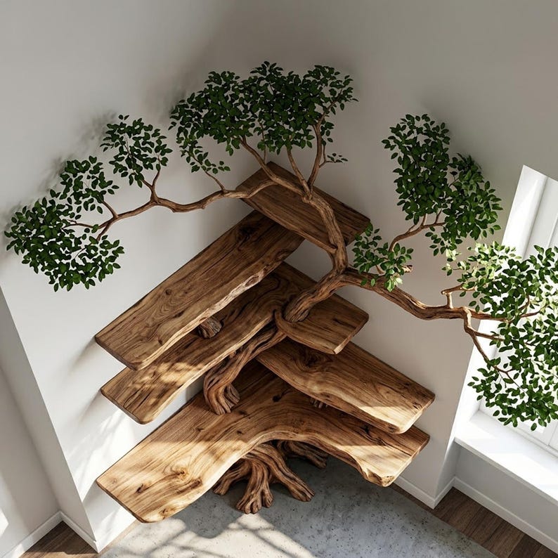 Tree Branch Corner Bookshelf Solid Wood Wall Mounted Floating Shelf Art ...