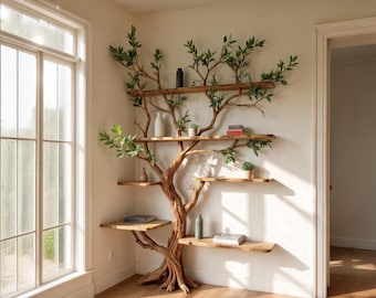 Corner driftwood shelf tree branch bookshelf solid wood bookcase home decor
