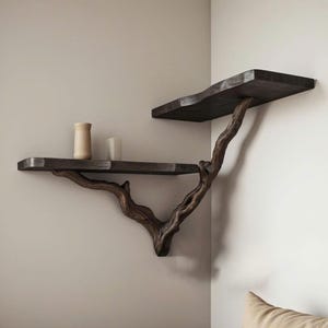 May include: A set of two wooden shelves mounted on a wall, with a natural branch design. The shelves are dark brown and have a rustic, organic look.