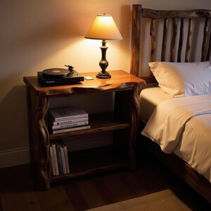 May include: A rustic wooden nightstand with a live edge design. It features a two-shelf storage area and a warm-toned lamp. A record player sits on top, with books below. The nightstand is next to a wooden bed frame with a white comforter.