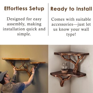 May include: Two wooden shelves with a branch-like design, mounted on a wall. The shelves are made of natural wood with a dark brown finish. The shelves are easy to assemble and come with all the necessary hardware.