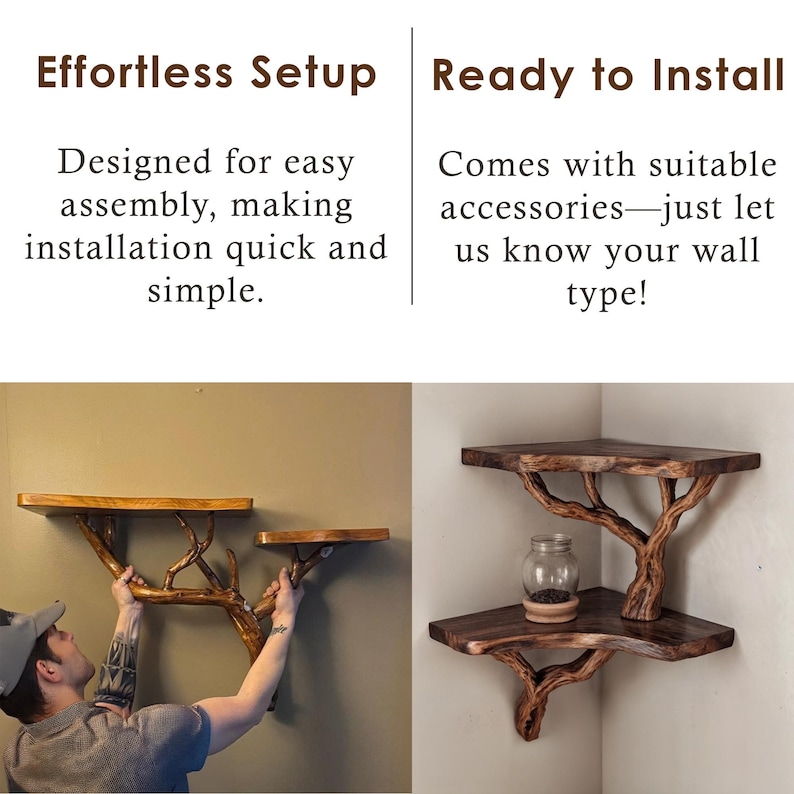 May include: Two wooden shelves with a branch-like design, mounted on a wall. The shelves are made of natural wood with a dark brown finish. The shelves are easy to assemble and come with all the necessary hardware.
