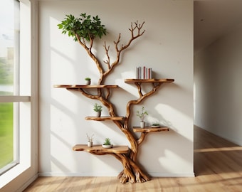 May include: A wooden tree-shaped shelf unit with multiple platforms. The shelves hold small potted plants and books. The unit is made of natural wood and has a realistic tree branch design. The top of the tree has green leaves.