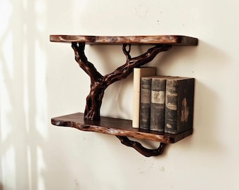 Estantería flotante de madera a la deriva, librería de madera maciza de nogal para pared, estantería decorativa para la entrada.