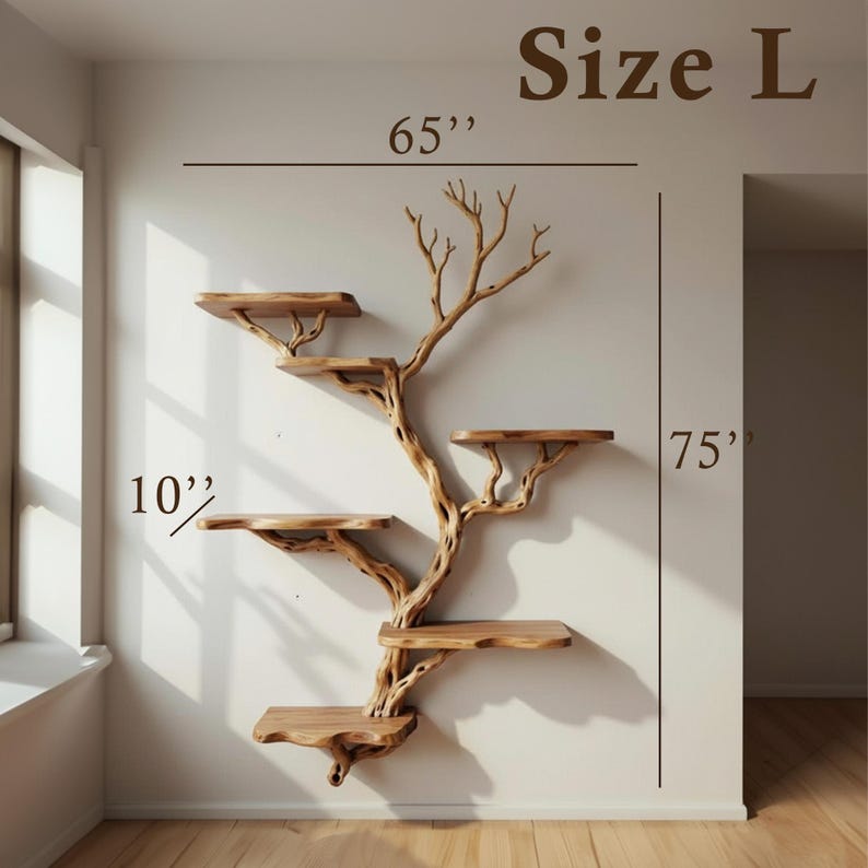 May include: A wooden wall-mounted cat tree with a tree branch design. The tree has six platforms and is 65 inches wide and 75 inches tall. The platforms are 10 inches deep. The text "Size L" is at the top.