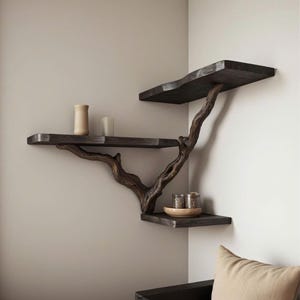 Op de afbeelding: Een donkerbruin houten plankenstel in de vorm van een boomtak, met drie planken. De planken zijn gemonteerd aan een muur in een hoek. Er staan kleine decoratieve voorwerpen op de planken.