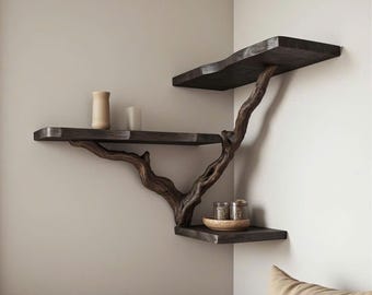 Tree branch bookshelf floating corner black wall shelf driftwood shelves gift for the home