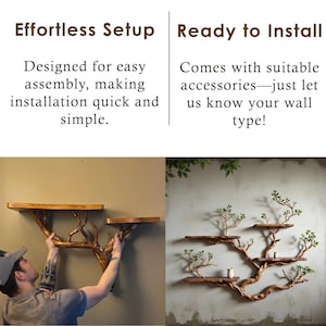 May include: Wooden wall shelves in a tree branch design. The shelves are brown with a natural wood grain. The image includes text stating "Effortless Setup" and "Ready to Install".