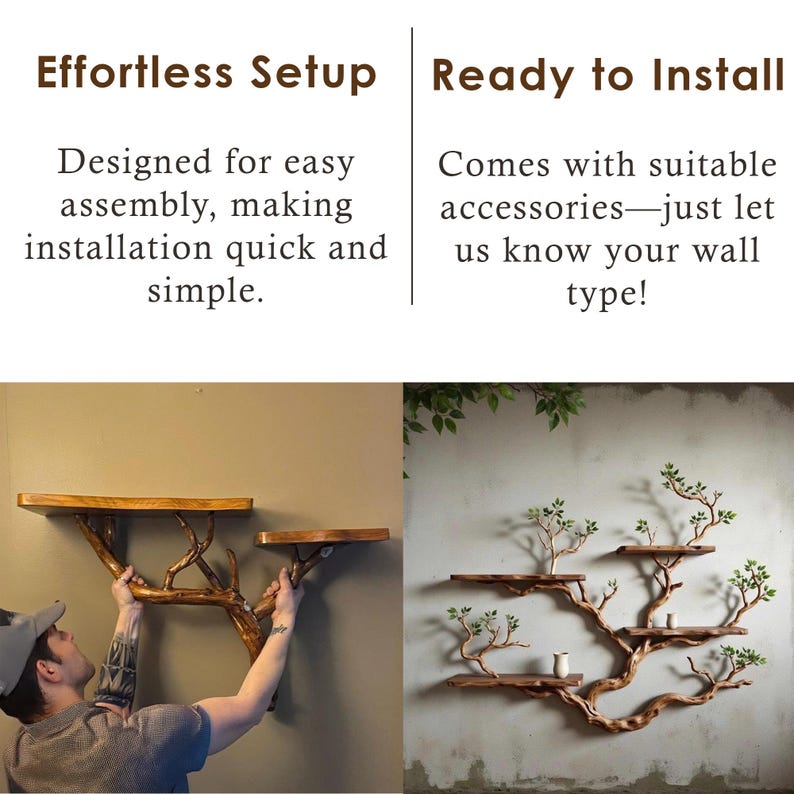 May include: Wooden wall shelves in a tree branch design. The shelves are brown with a natural wood grain. The image includes text stating "Effortless Setup" and "Ready to Install".