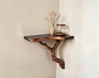 Corner floating shelf natural solid wood bookshelf art tree driftwood branch bookshelves unique wall mount handmade furniture home decor