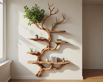 May include: A unique wall-mounted shelf in the shape of a tree, crafted from natural wood. The design features multiple wooden shelves, with a leafy green top and several small potted plants. The shelf is mounted on a white wall.