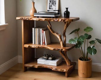 Night stand bookcase solid wood live edge bedside table tree branch book shelf handmade furniture