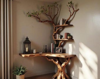 May include: A corner desk and shelving unit crafted from natural wood, featuring a base that resembles a tree trunk and branches that extend upward to support two shelves. The desk surface is smooth, and the structure includes green leaves.
