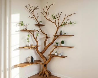 Estantes de pared de ramas de árbol de esquina, estantería de madera maciza, estante flotante para montaje en pared, decoración artística para el hogar