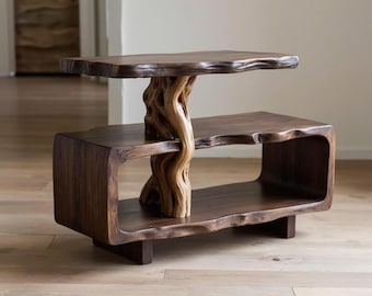 Solid wood side table tree branch bookshelf free standing shelf driftwood art