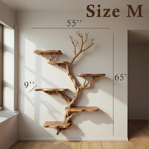 May include: A wooden wall shelf in the shape of a tree, with multiple platforms. The shelf is approximately 55 inches wide and 65 inches tall, with platforms about 9 inches deep. The text "Size M" is visible.