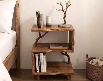 Night stand bookcase solid wood free standing small bookcase bedside driftwood handcrafted record player stand wood work furniture