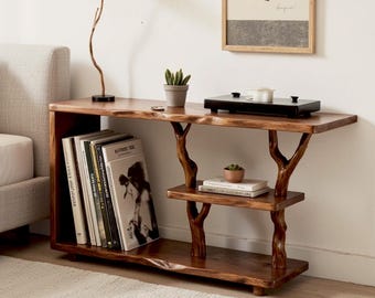 Estantería de madera maciza de madera flotante, estantería de ramas de árbol, soporte para plantas y mesita de noche, muebles rústicos hechos a mano para sala de estar