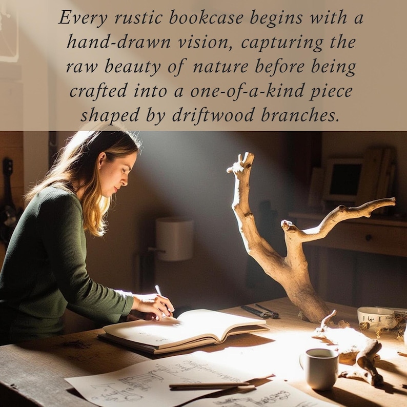 May include: A woman sketching in a notebook at a wooden table, with a driftwood branch and a cup. The text reads: "Every rustic bookcase begins with a hand-drawn vision... shaped by driftwood branches."