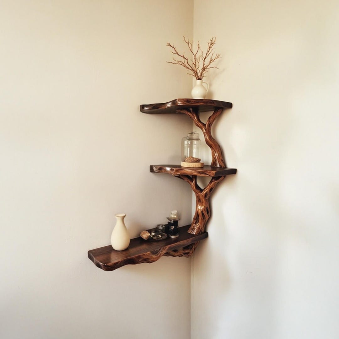Corner Floating Bookshelf Solid Wood Tree Branch Wall Mount Shelving ...