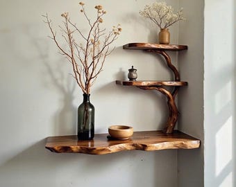 Estantería de esquina con borde vivo y ramas de árbol, estantería de madera maciza con ramas de madera flotante, estantes flotantes para decoración de pared