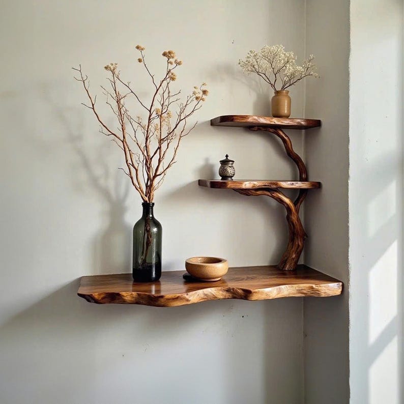 May include: A wooden shelf with a tree branch design. The shelf has two levels and is mounted on a wall. There are dried flowers in a vase and a small bowl on the shelf.