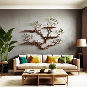 May include: A living room with a beige sofa, colourful cushions, and a wooden coffee table. A distinctive tree-shaped wall shelf with several platforms, small ornaments, and greenery is mounted on the grey wall.