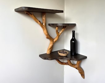 Wood corner floating bookshelf tree branch driftwood wall mount shelving branch shelf art handmade furniture