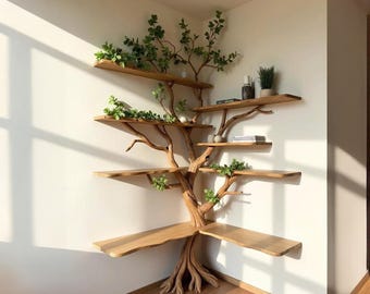 Estante de canto flutuante para parede, com estrutura em forma de galho de árvore, móveis com prateleiras esculpidas.