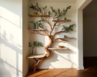 May include: A unique, wooden tree-shaped shelf unit with multiple shelves and branches. The shelves are made of light-colored wood and are adorned with small vases and greenery. The unit is set against a white wall and a wooden floor.
