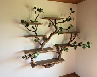Prateleira flutuante com galhos de madeira flutuante, estante de livros em formato de árvore, suporte de parede, prateleiras de madeira maciça, decoração de arte para casa, sala de estar