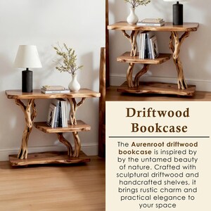May include: A natural wood driftwood bookcase with three shelves. The bookcase has a rustic design, with the shelves supported by branches. The text "Driftwood Bookcase" is visible.
