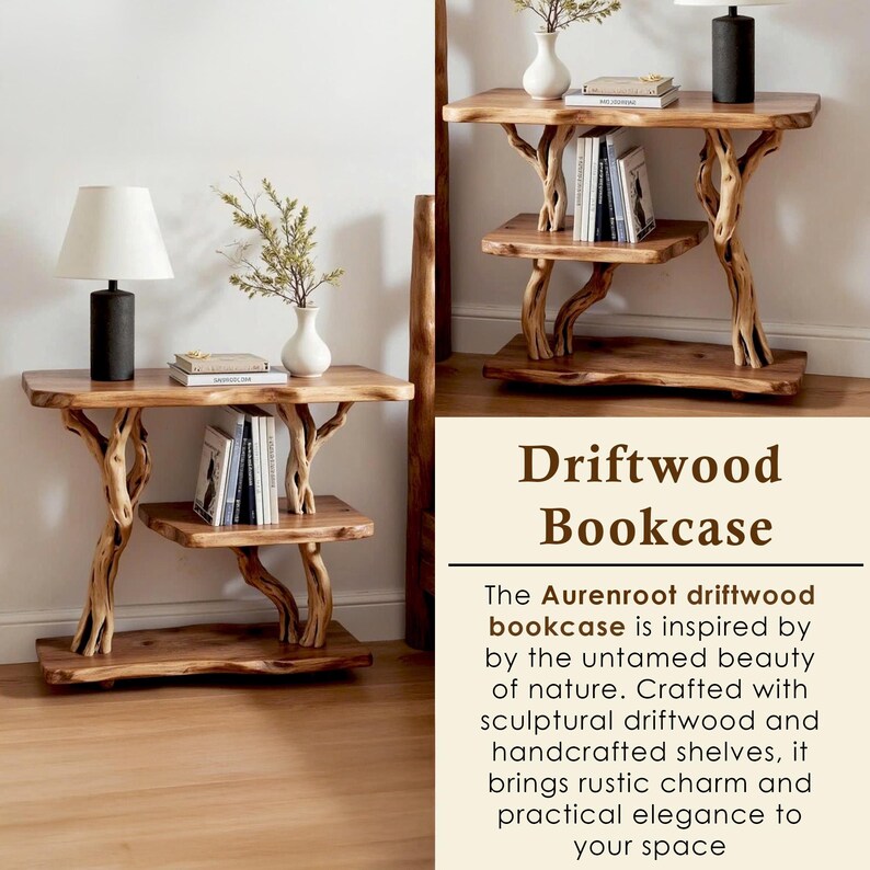 May include: A natural wood driftwood bookcase with three shelves. The bookcase has a rustic design, with the shelves supported by branches. The text "Driftwood Bookcase" is visible.