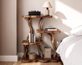 Estantería de madera flotante natural, mesita de noche, estantería de ramas de árbol, estantería rústica, mesita de noche, muebles de dormitorio