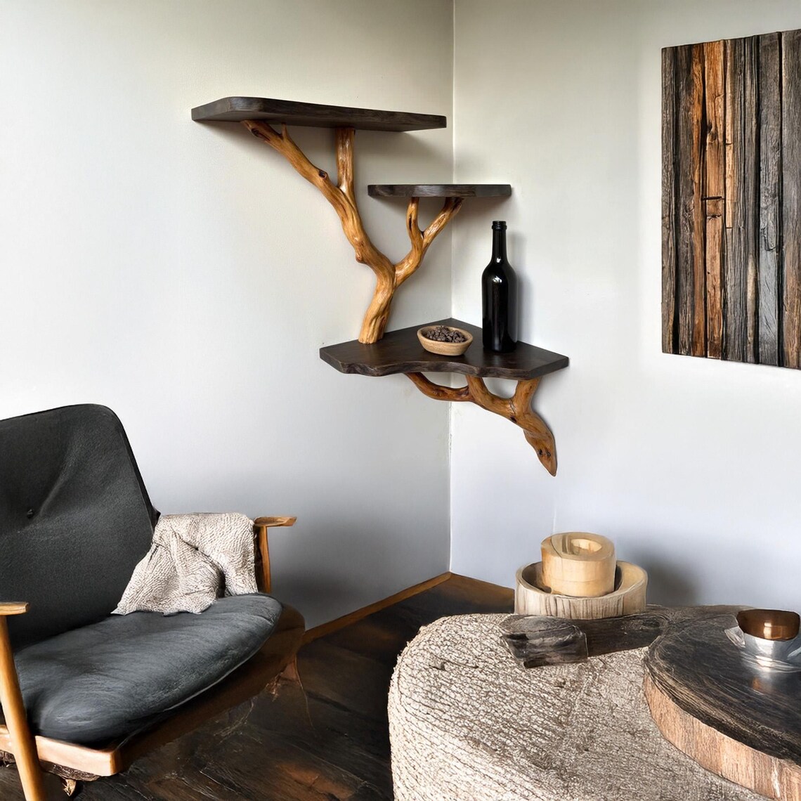 Wood Corner Floating Bookshelf Tree Branch Driftwood Wall Mount ...