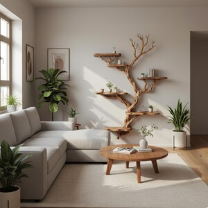 May include: A living room scene featuring a light gray sectional sofa, a round wooden coffee table, and a unique tree-shaped wall shelf. The room is decorated with potted plants and framed artwork, creating a natural and inviting atmosphere.