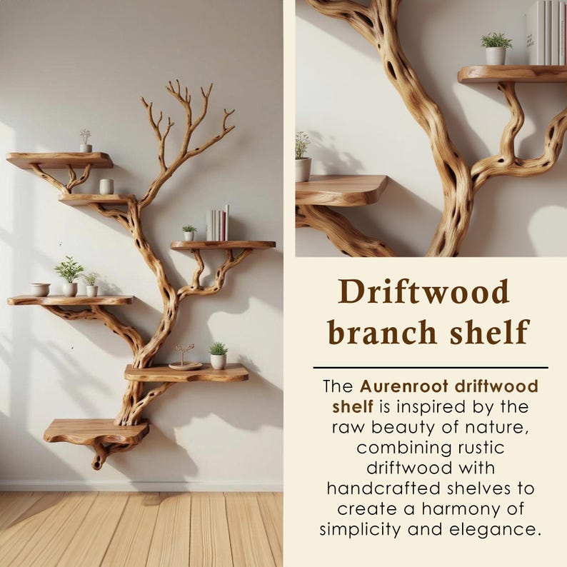 May include: A driftwood branch shelf with multiple wooden shelves attached to a natural tree branch structure. The shelves hold small potted plants and books. The text "Driftwood branch shelf" is visible.