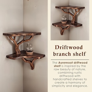 May include: A two-tiered corner shelf made from driftwood branches. The shelf is stained a dark brown and has a rustic, natural look. The text "Driftwood branch shelf" is written in brown text on a beige background.