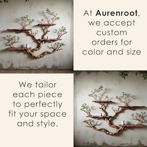 May include: A tree-shaped wooden wall shelf with several shelves and small green leaves. The text reads "At Aurenroot, we accept custom orders for colour and size" and "We tailor each piece to perfectly fit your space and style."