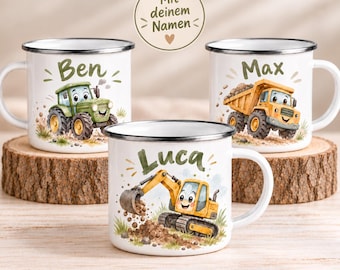 Personalisierte Emaille Tasse mit Name – Traktor, Bagger & Kipplaster – Kindertasse 300 ml