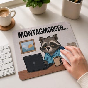 Mauspad Montagmorgen 24x20 cm – lustiges Mousepad mit Waschbär, Büro Humor Geschenk für Kollegen, 3 mm